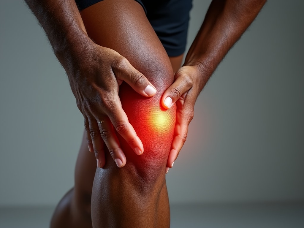 Person holding front of knee with a red glow over the kneecap, showing the pain area in patellofemoral pain syndrome.