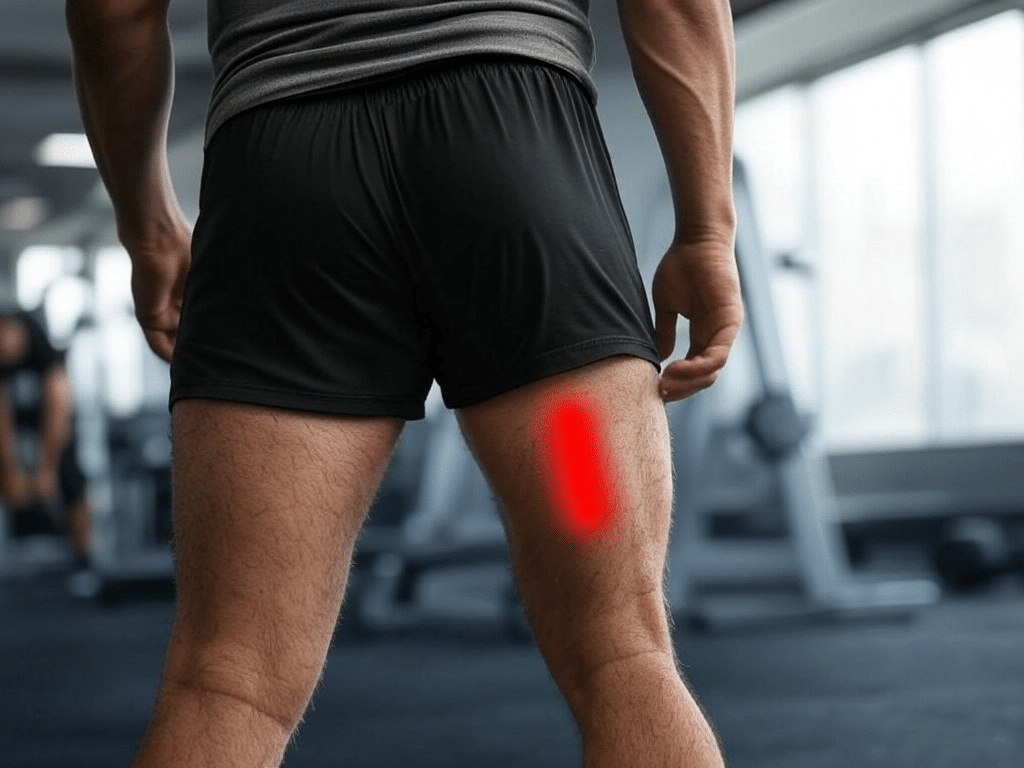 Rear view of a person in a gym with their right hamstring highlighted in red, indicating a potential hamstring tear or injury.