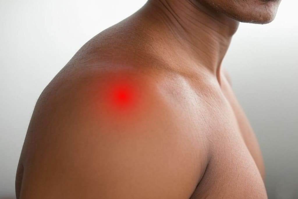 Shoulder pain location highlighted in red, showing the typical site of supraspinatus tendinopathy in a male patient.