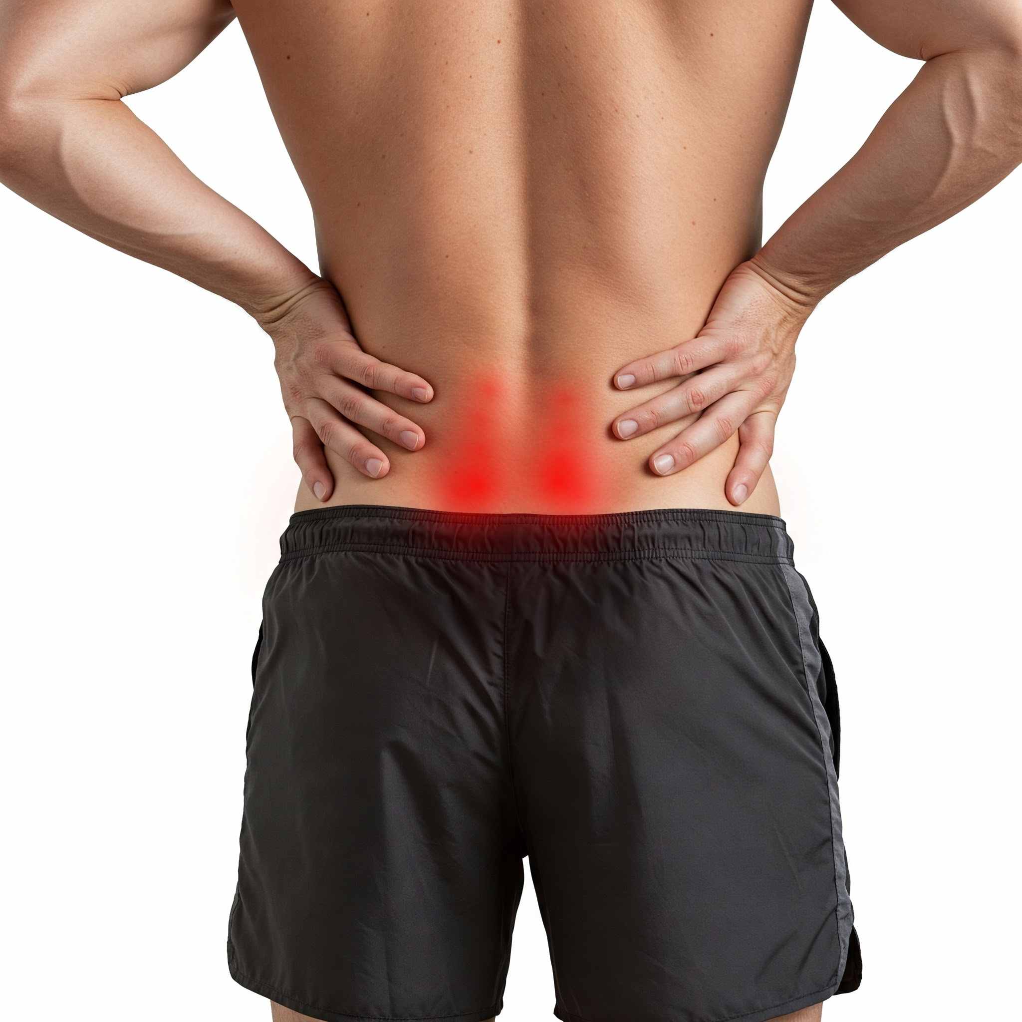Man holding lower back with hands placed near lumbar spine, illustrating facet joint pain