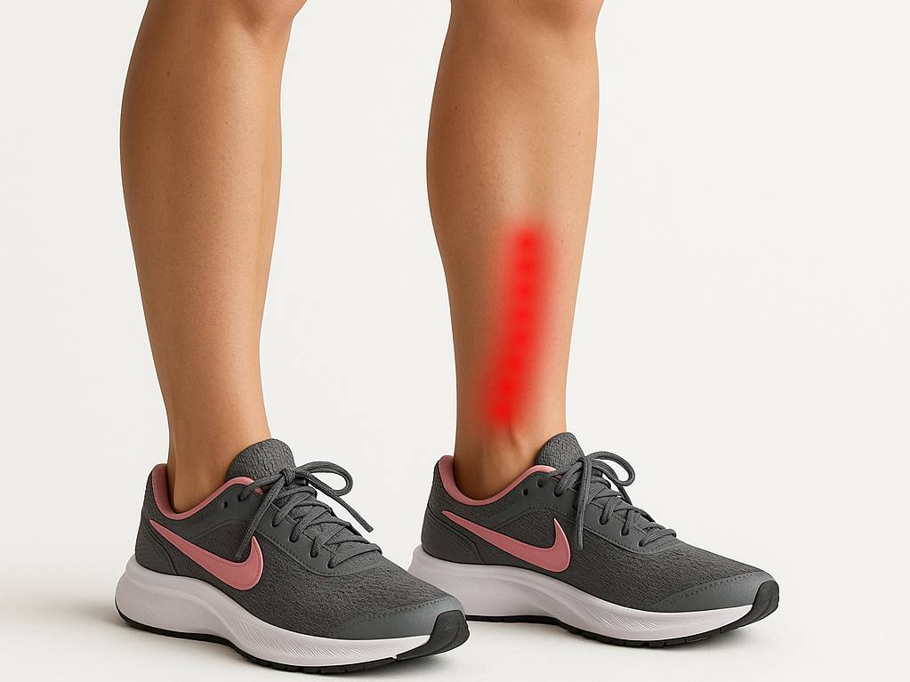 Medial Tibial Stress Syndrome. Legs in grey running shoes with the right shin highlighted in red to show shin splints pain area, relevant for physiotherapy treatment in Sandton.