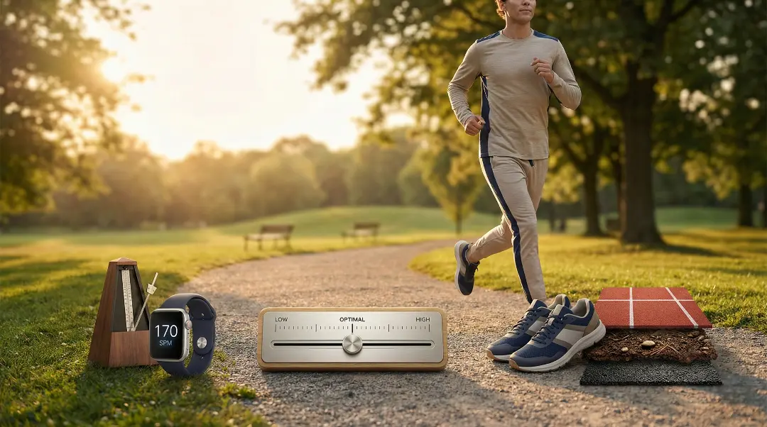 Running pain infographic showing cadence, training load, and surface & footwear icons that explain three simple levers runners can adjust to reduce running pain without stopping completely.
